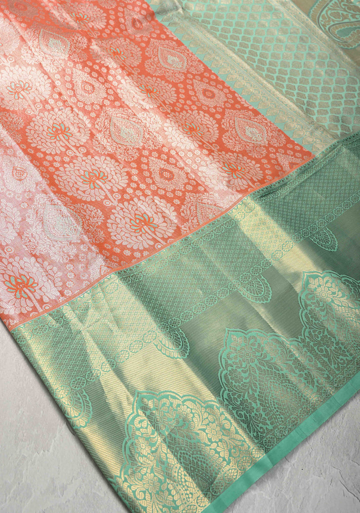 Orange Kanjivaram Tissue Semi Silk Saree with Meenakari Floral Brocade and Contrast Zari Border
