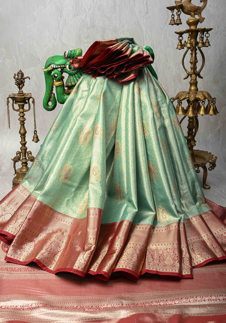 Green Kanjivaram Tissue Semi Silk Saree with Meenakari Floral Jaal and Contrast Zari Border