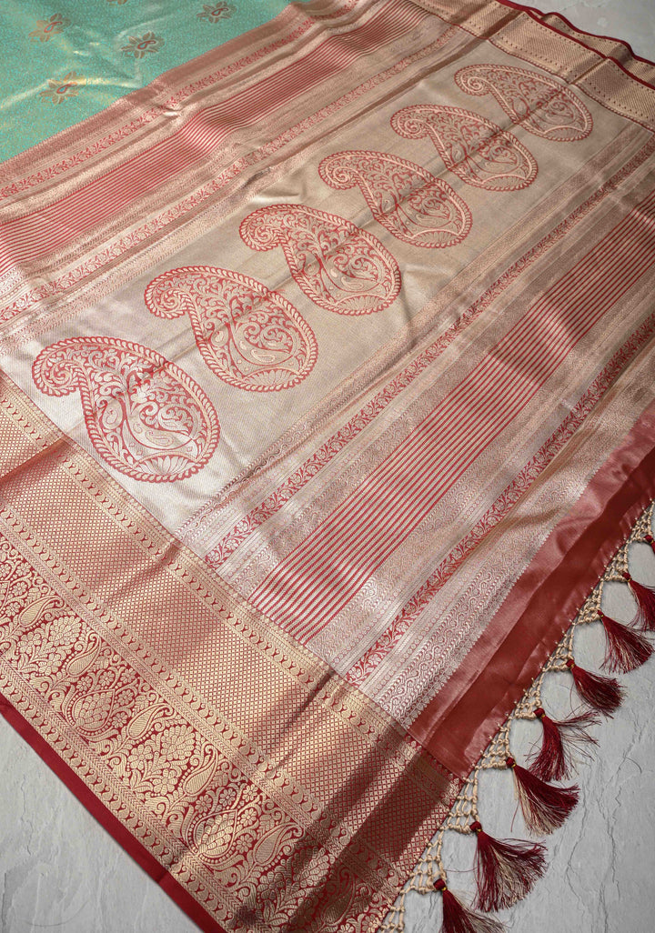 Green Kanjivaram Tissue Semi Silk Saree with Meenakari Floral Jaal and Contrast Zari Border