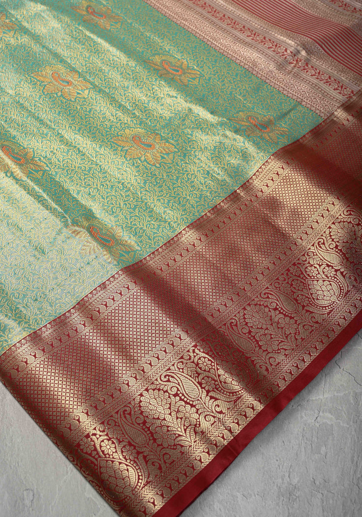 Green Kanjivaram Tissue Semi Silk Saree with Meenakari Floral Jaal and Contrast Zari Border