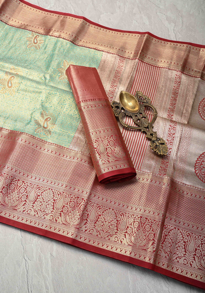 Green Kanjivaram Tissue Semi Silk Saree with Meenakari Floral Jaal and Contrast Zari Border