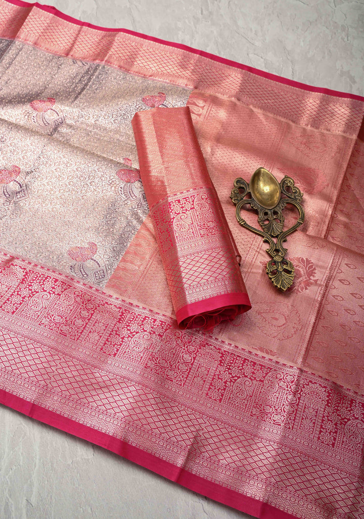 Plum Kanjivaram Tissue Semi Silk Saree with Meenakari Floral Jaal Brocade and Zari Border