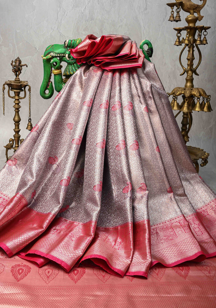 Plum Kanjivaram Tissue Semi Silk Saree with Meenakari Floral Jaal Brocade and Zari Border