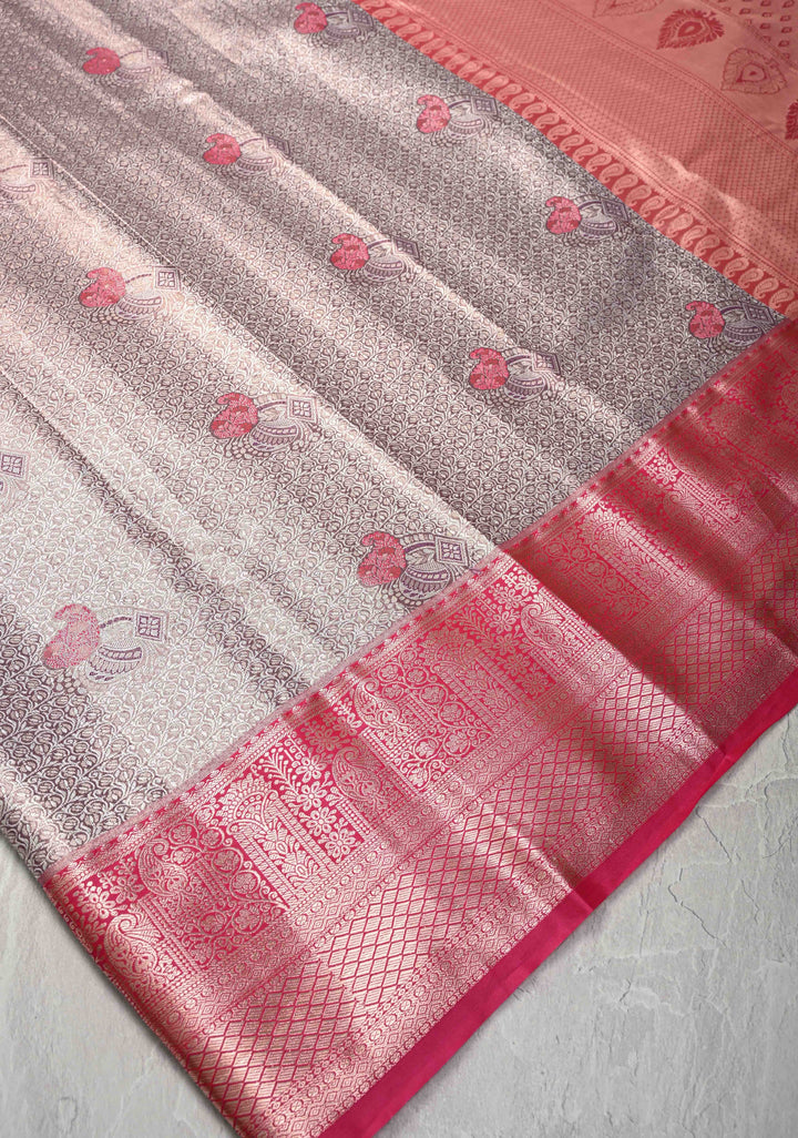 Plum Kanjivaram Tissue Semi Silk Saree with Meenakari Floral Jaal Brocade and Zari Border