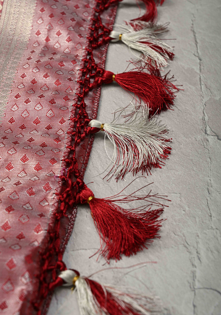 Sage Green Brocade on Kanjivaram Tissue Semi Silk Saree with Meenakari Buttas and Contrast Zari Border