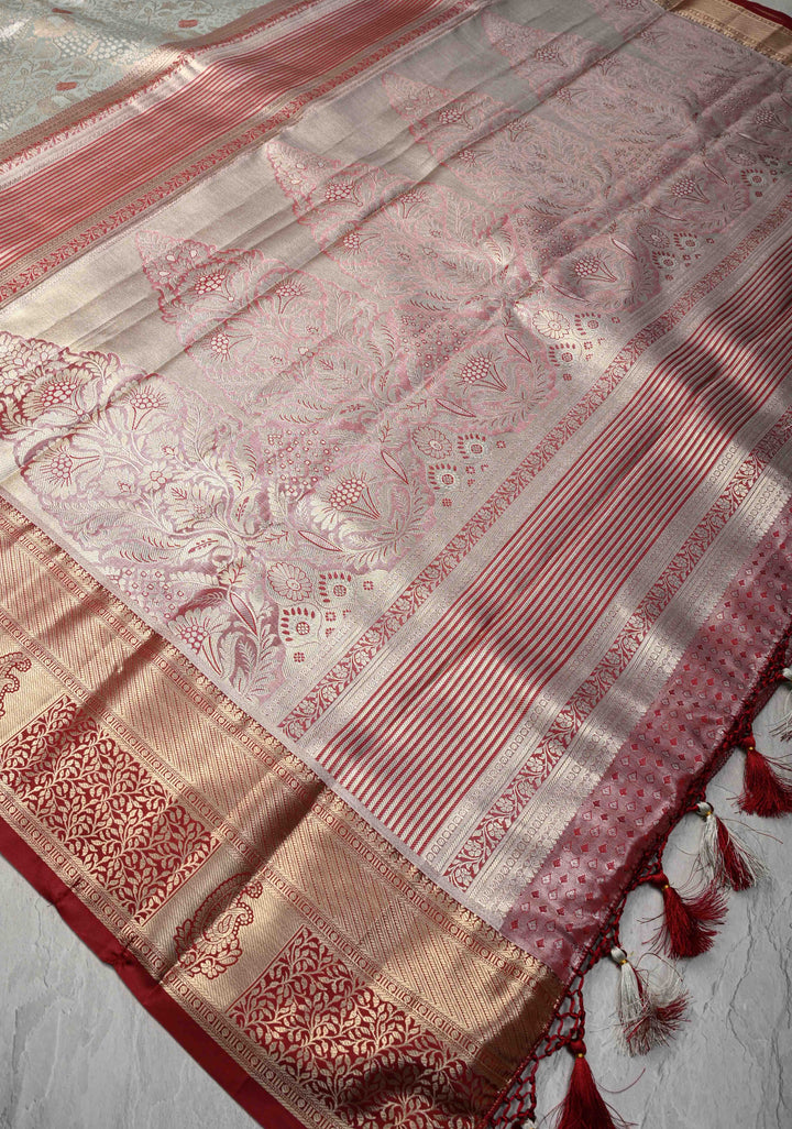 Sage Green Brocade on Kanjivaram Tissue Semi Silk Saree with Meenakari Buttas and Contrast Zari Border