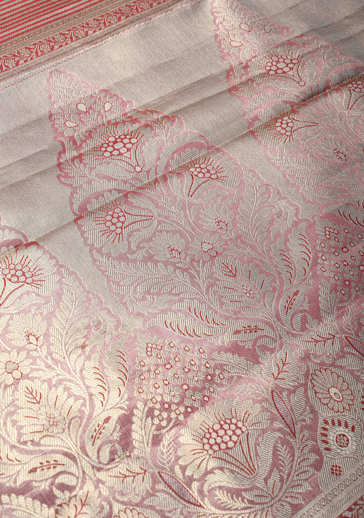 Sage Green Brocade on Kanjivaram Tissue Semi Silk Saree with Meenakari Buttas and Contrast Zari Border