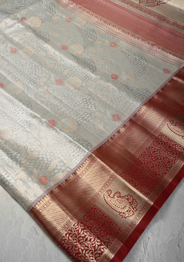Sage Green Brocade on Kanjivaram Tissue Semi Silk Saree with Meenakari Buttas and Contrast Zari Border