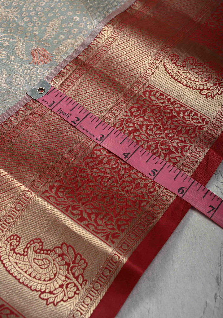 Sage Green Brocade on Kanjivaram Tissue Semi Silk Saree with Meenakari Buttas and Contrast Zari Border