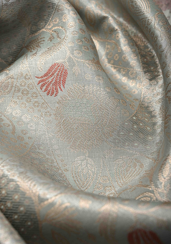 Sage Green Brocade on Kanjivaram Tissue Semi Silk Saree with Meenakari Buttas and Contrast Zari Border
