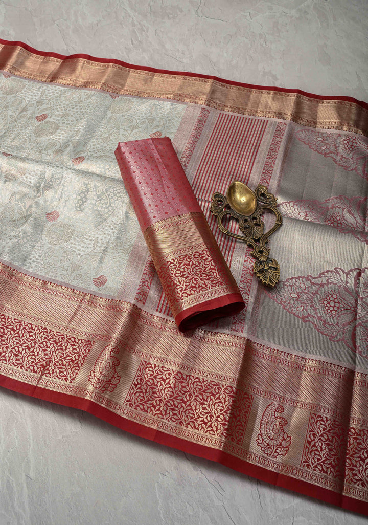 Sage Green Brocade on Kanjivaram Tissue Semi Silk Saree with Meenakari Buttas and Contrast Zari Border