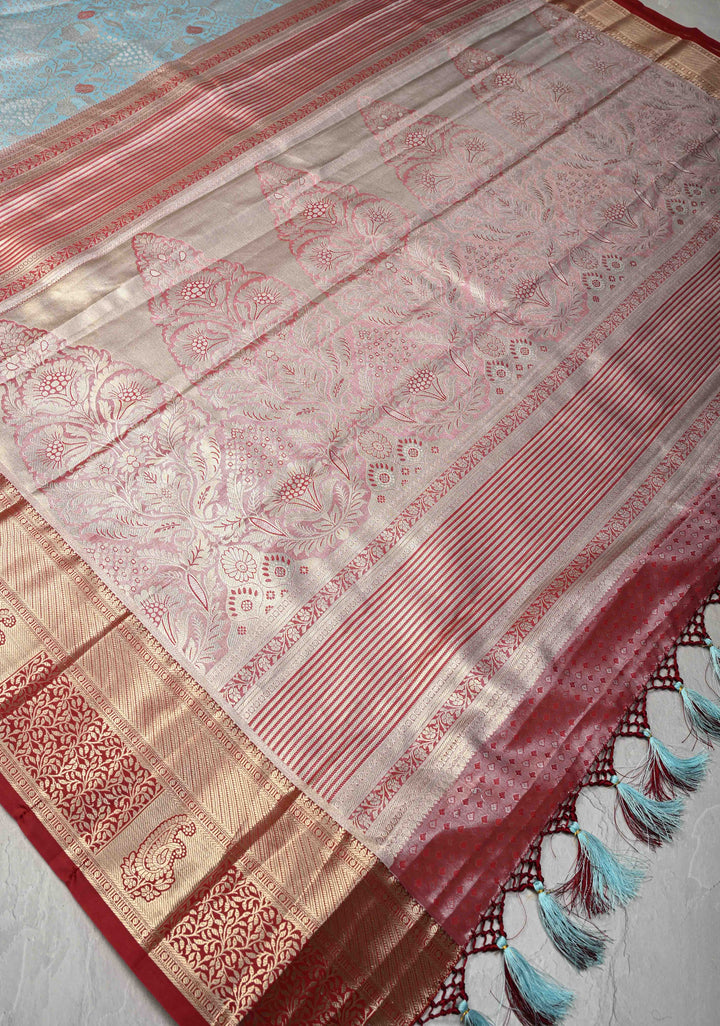 Powder Blue Kanjivaram Tissue Semi Silk Saree with Meenakari Floral Brocade and Contrast Zari Border
