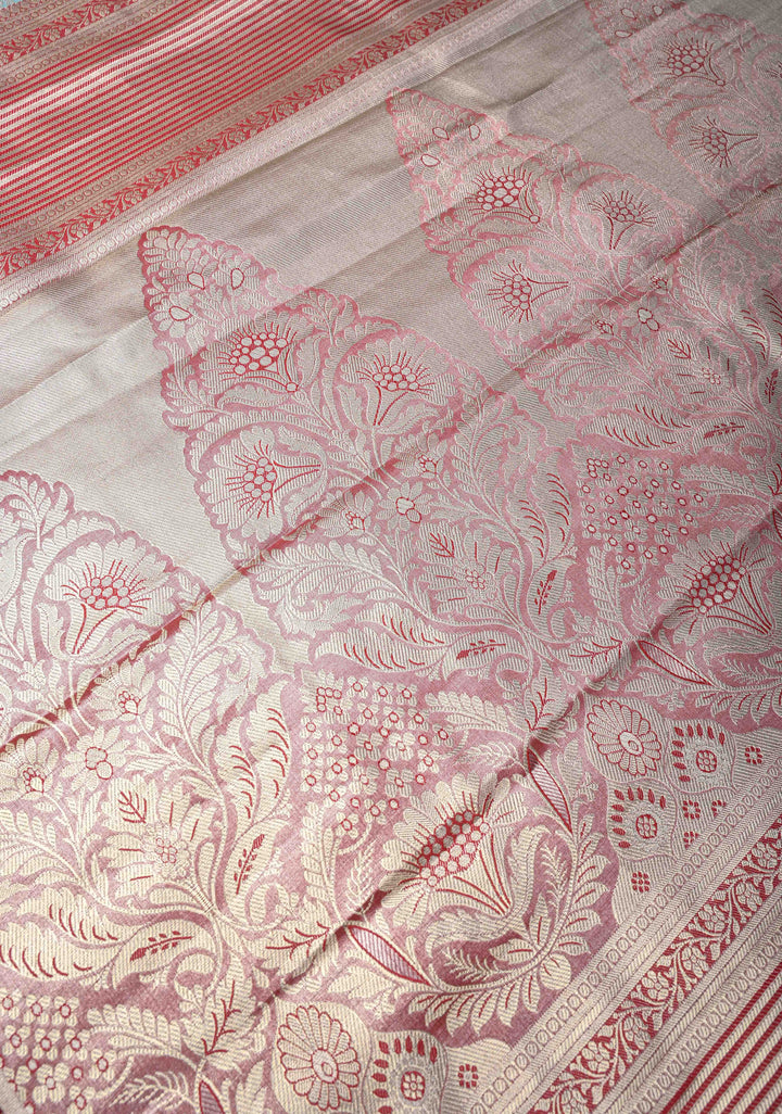 Powder Blue Kanjivaram Tissue Semi Silk Saree with Meenakari Floral Brocade and Contrast Zari Border