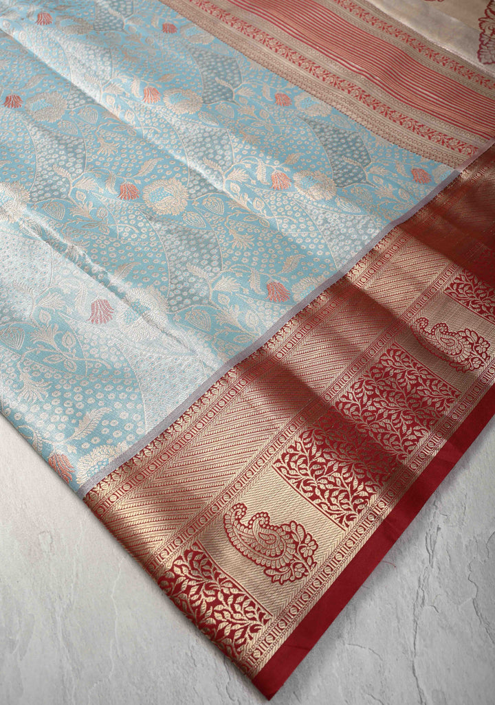 Powder Blue Kanjivaram Tissue Semi Silk Saree with Meenakari Floral Brocade and Contrast Zari Border