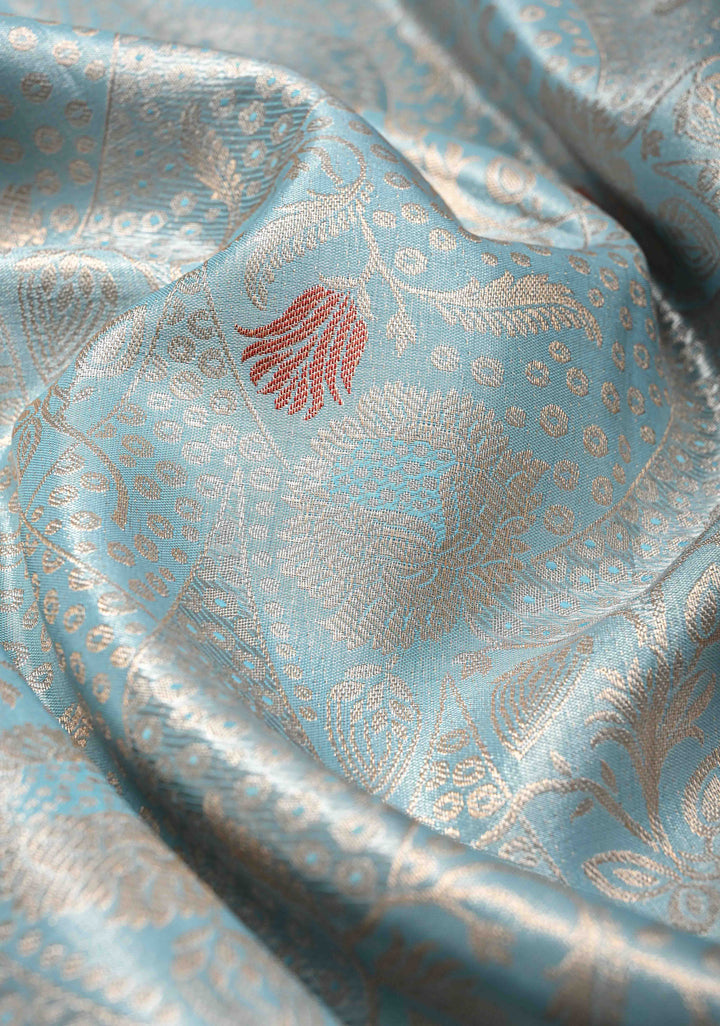 Powder Blue Kanjivaram Tissue Semi Silk Saree with Meenakari Floral Brocade and Contrast Zari Border