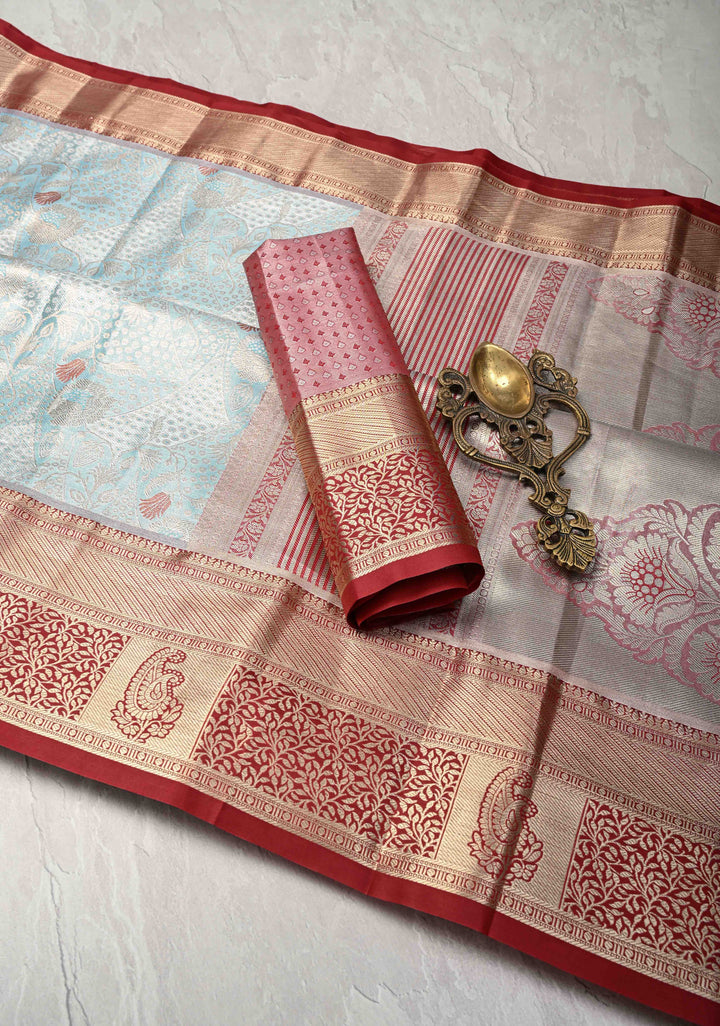 Powder Blue Kanjivaram Tissue Semi Silk Saree with Meenakari Floral Brocade and Contrast Zari Border