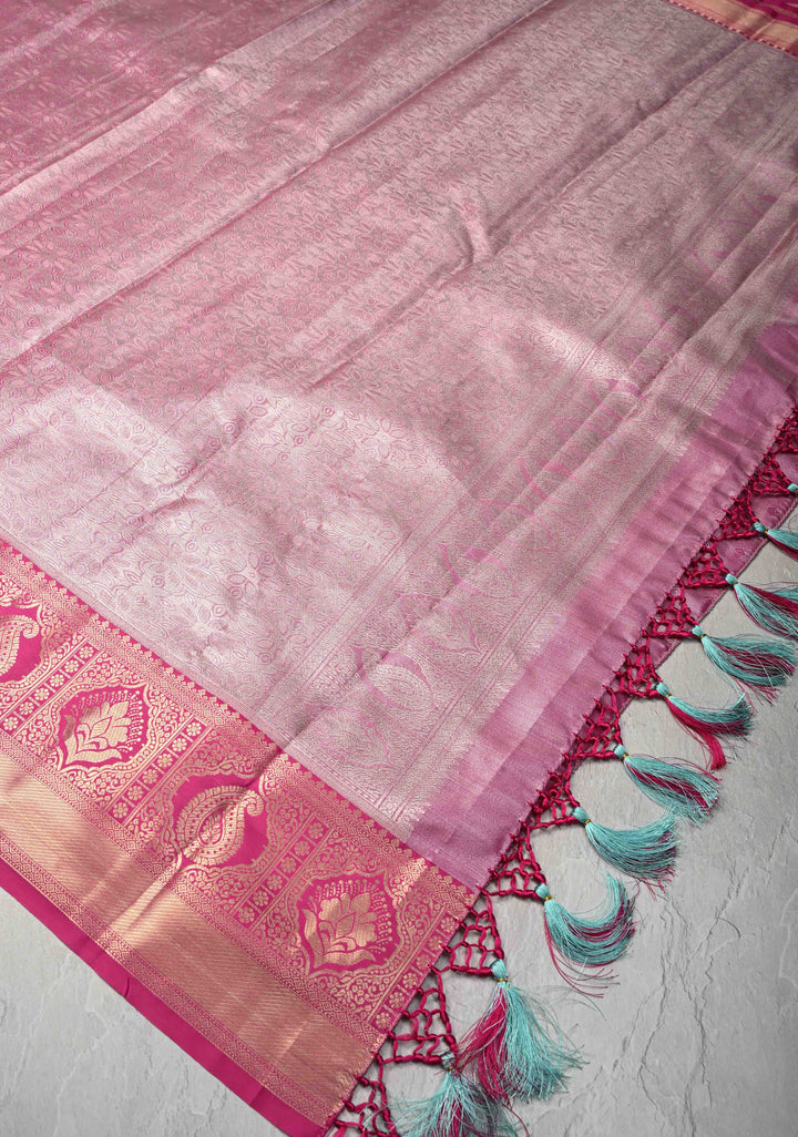 Sage Green Brocade on Kanjivaram Tissue Semi Silk Saree with Meenakari Buttas and Contrast Zari Border