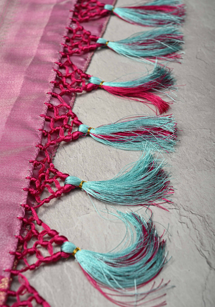 Sage Green Brocade on Kanjivaram Tissue Semi Silk Saree with Meenakari Buttas and Contrast Zari Border