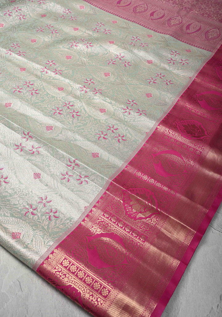Sage Green Brocade on Kanjivaram Tissue Semi Silk Saree with Meenakari Buttas and Contrast Zari Border