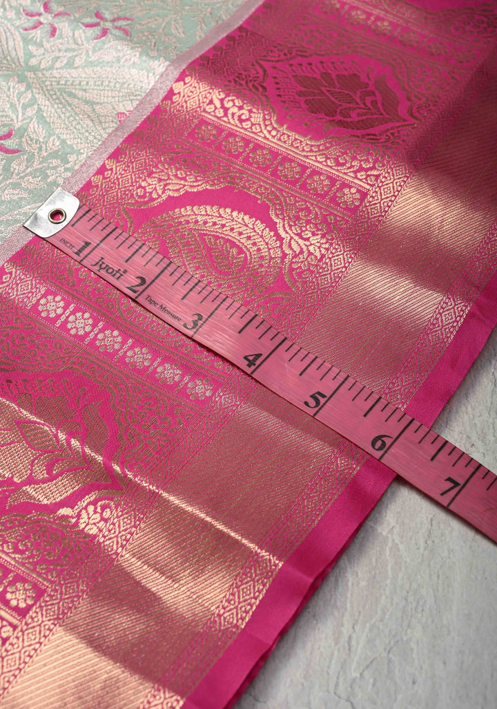 Sage Green Brocade on Kanjivaram Tissue Semi Silk Saree with Meenakari Buttas and Contrast Zari Border