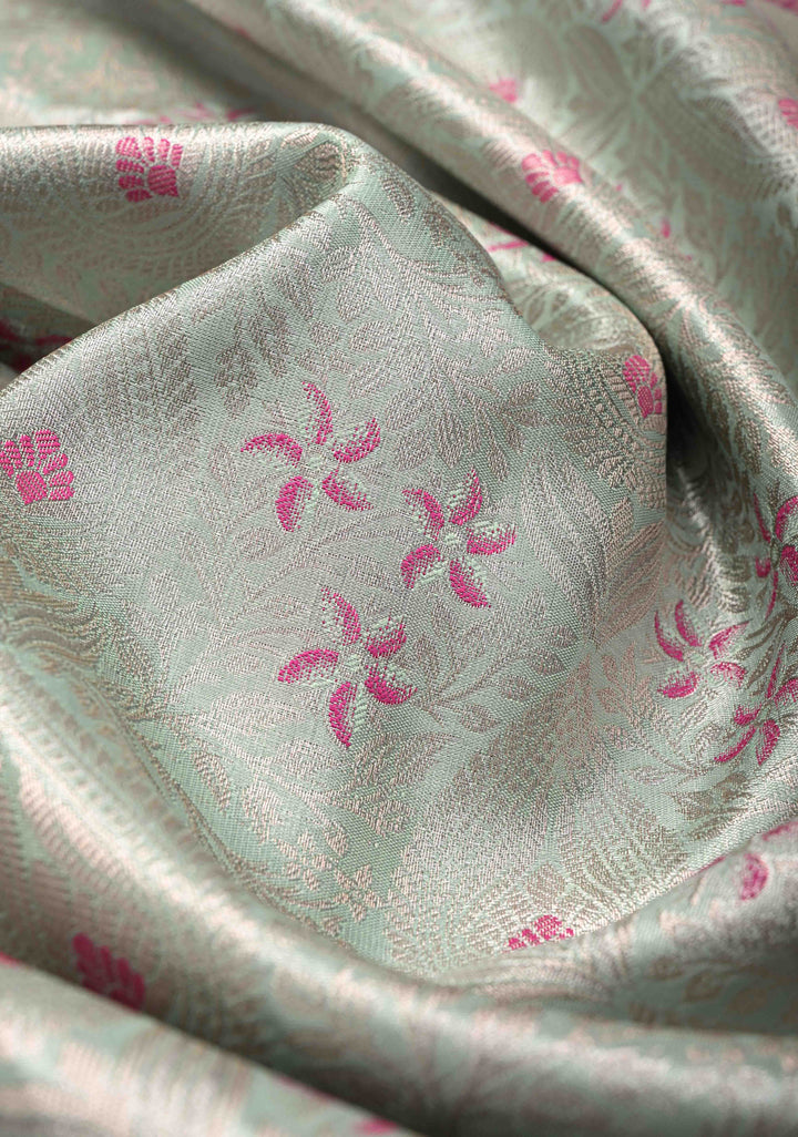 Sage Green Brocade on Kanjivaram Tissue Semi Silk Saree with Meenakari Buttas and Contrast Zari Border
