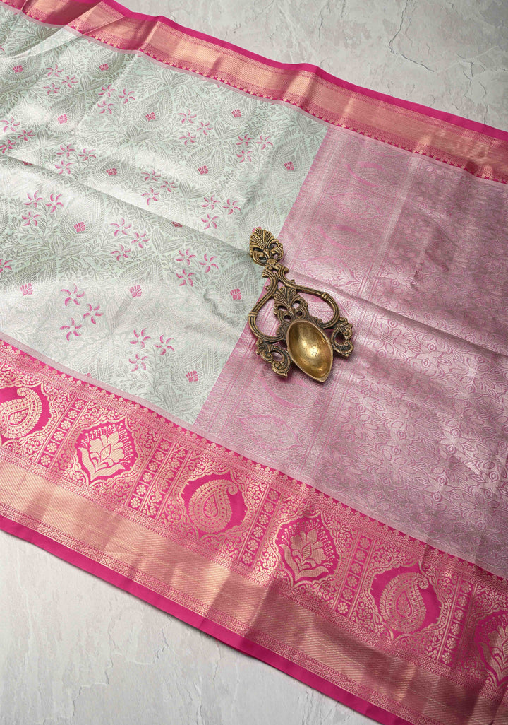 Sage Green Brocade on Kanjivaram Tissue Semi Silk Saree with Meenakari Buttas and Contrast Zari Border