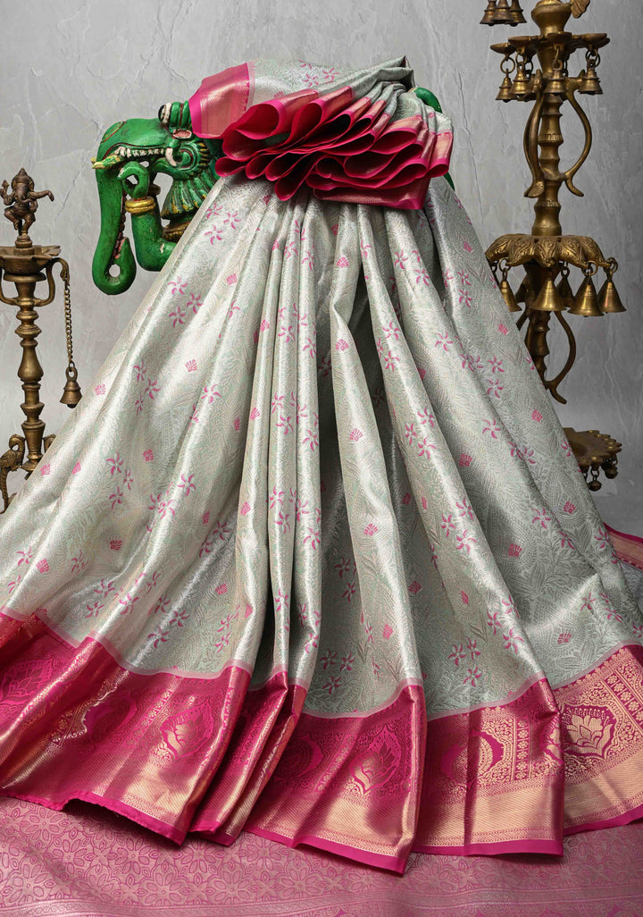 Sage Green Brocade on Kanjivaram Tissue Semi Silk Saree with Meenakari Buttas and Contrast Zari Border