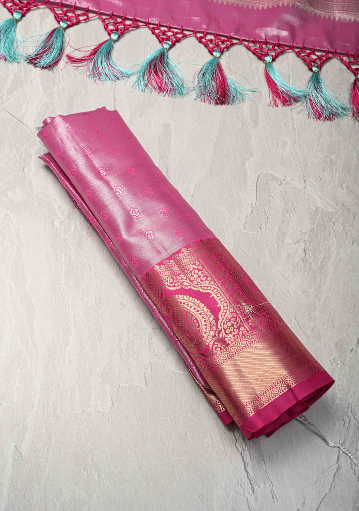 Sage Green Brocade on Kanjivaram Tissue Semi Silk Saree with Meenakari Buttas and Contrast Zari Border