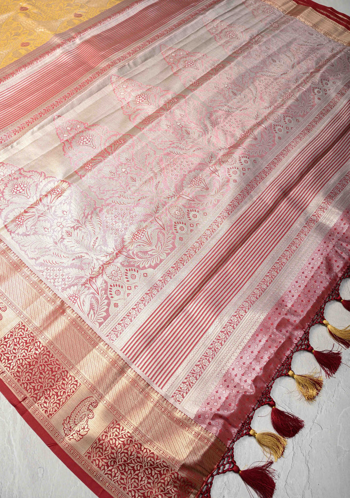 Yellow Kanjivaram Tissue Semi Silk Saree with Floral Meenakari Brocade and Contrast Zari Border