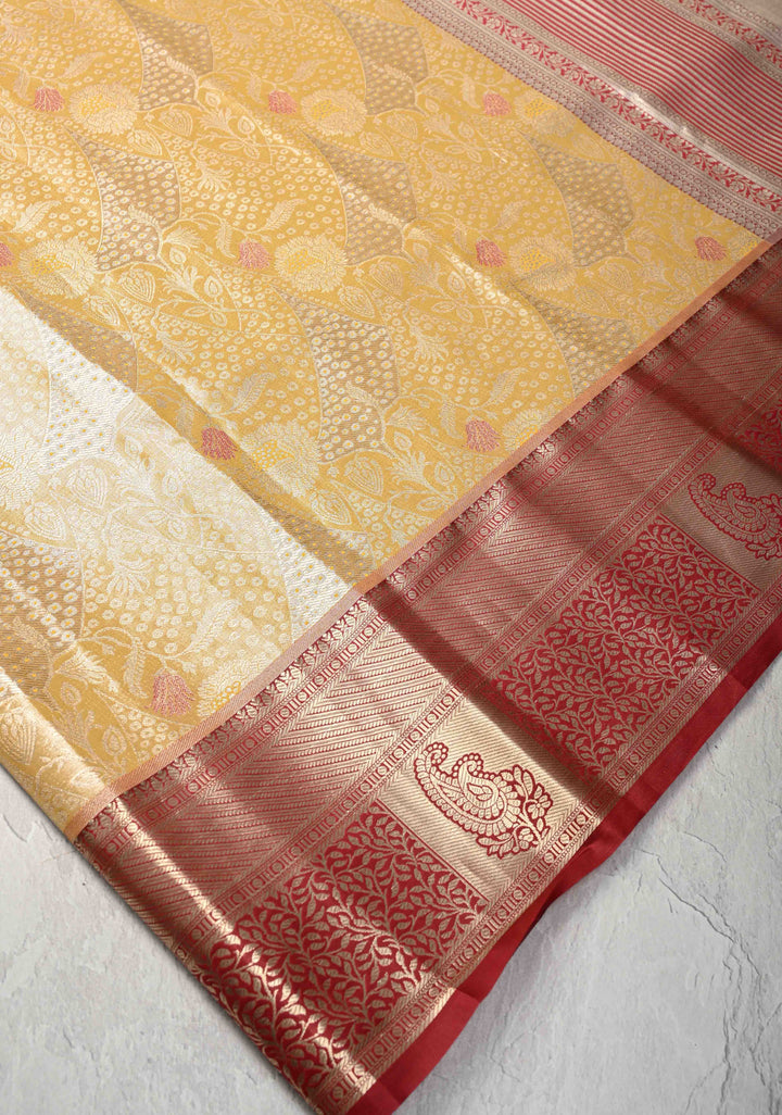 Yellow Kanjivaram Tissue Semi Silk Saree with Floral Meenakari Brocade and Contrast Zari Border