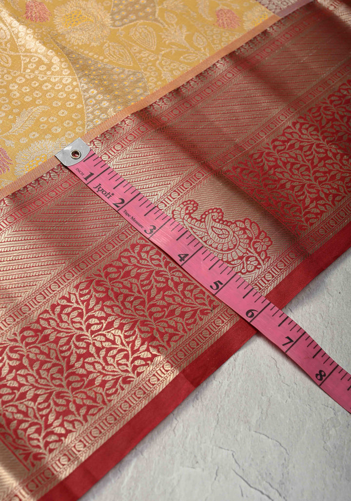 Yellow Kanjivaram Tissue Semi Silk Saree with Floral Meenakari Brocade and Contrast Zari Border