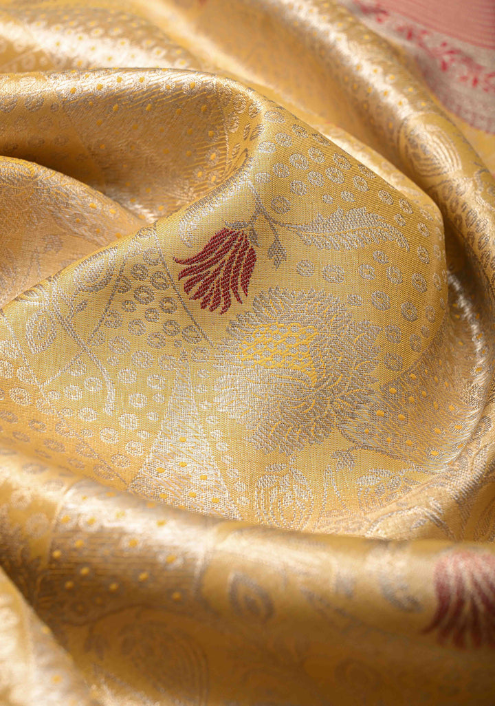 Yellow Kanjivaram Tissue Semi Silk Saree with Floral Meenakari Brocade and Contrast Zari Border