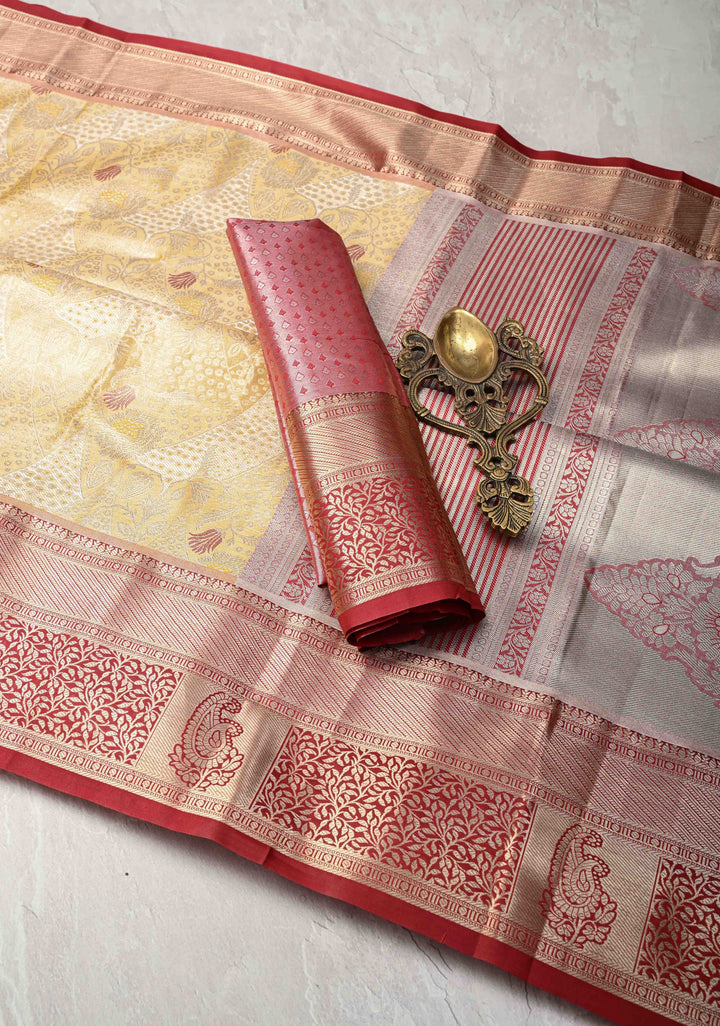 Yellow Kanjivaram Tissue Semi Silk Saree with Floral Meenakari Brocade and Contrast Zari Border