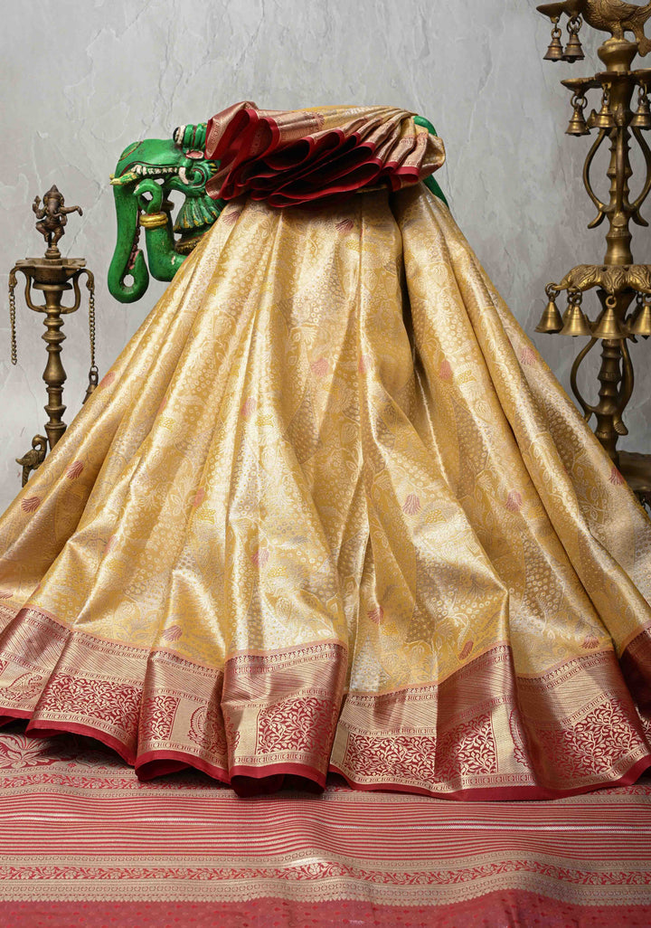 Yellow Kanjivaram Tissue Semi Silk Saree with Floral Meenakari Brocade and Contrast Zari Border