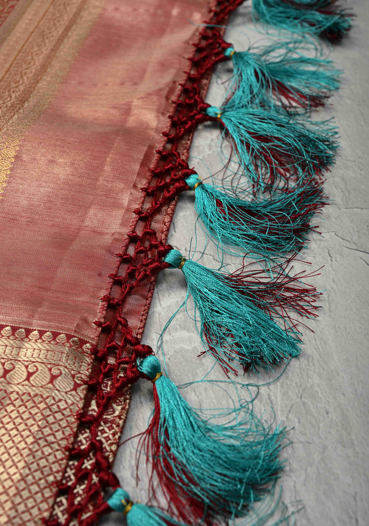 Teal Brocade Jaal on Kanjivaram Tissue Semi Silk Saree with Meenakari Buttas and Contrast Zari Border