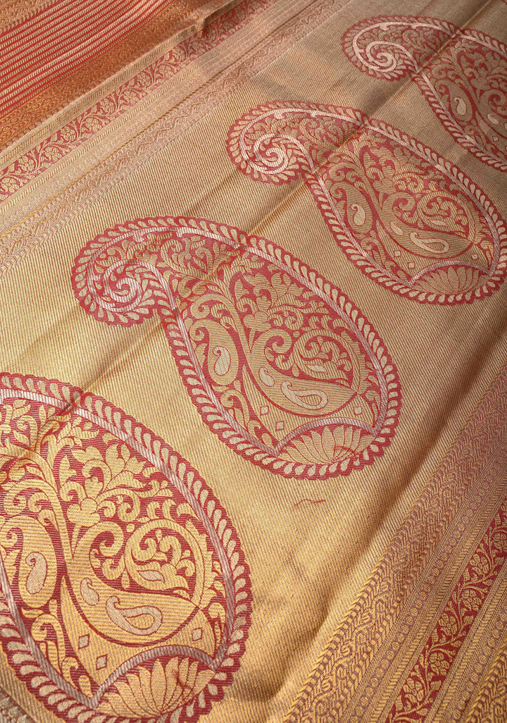 Teal Brocade Jaal on Kanjivaram Tissue Semi Silk Saree with Meenakari Buttas and Contrast Zari Border