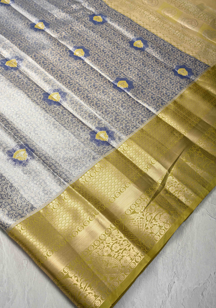 Blue Kanjivaram Tissue Semi Silk Saree with Meenakari Floral Jaal and Zari Border