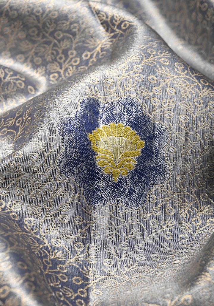 Blue Kanjivaram Tissue Semi Silk Saree with Meenakari Floral Jaal and Zari Border