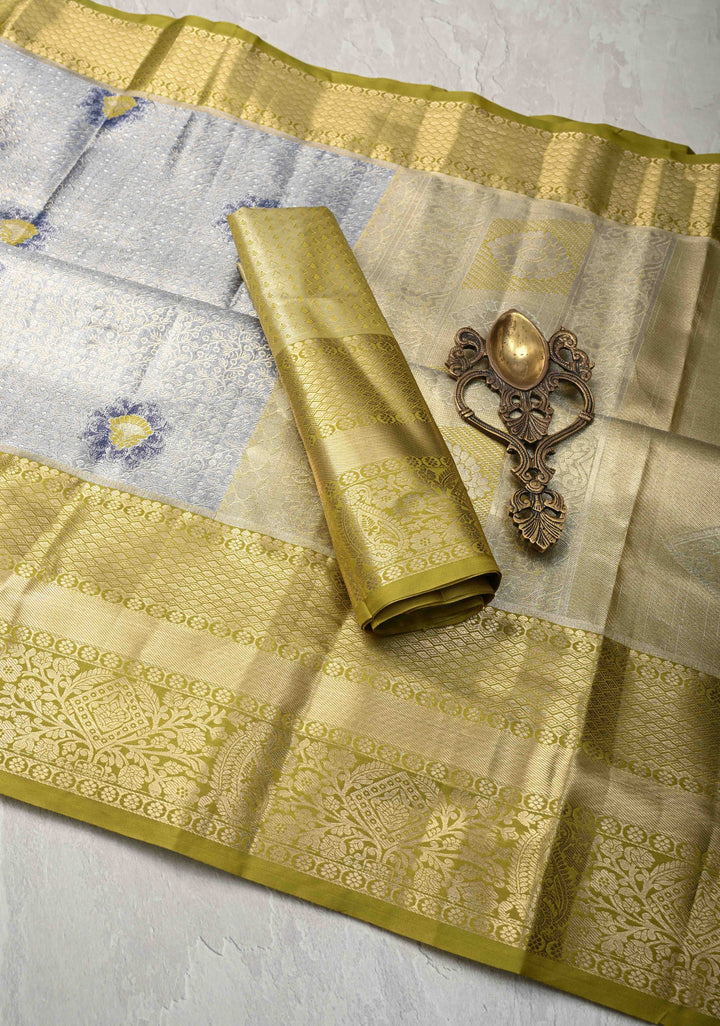 Blue Kanjivaram Tissue Semi Silk Saree with Meenakari Floral Jaal and Zari Border