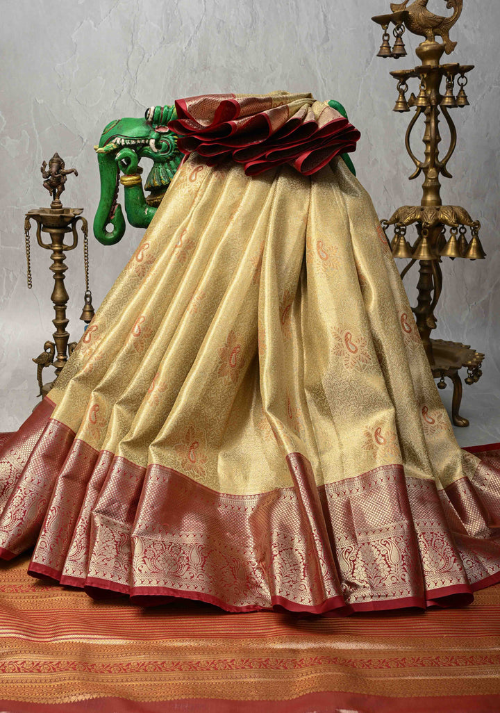 Pastel Green Brocade on Kanjivaram Tissue Semi Silk Saree with Meenakari Buttas and Contrast Zari Border