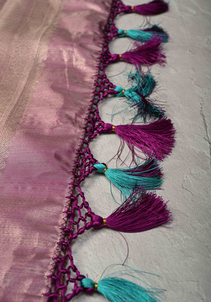 Dusty Teal Floral Jaal on Kanjivaram Tissue Semi Silk Saree with Meenakari Buttas and Contrast Zari Border