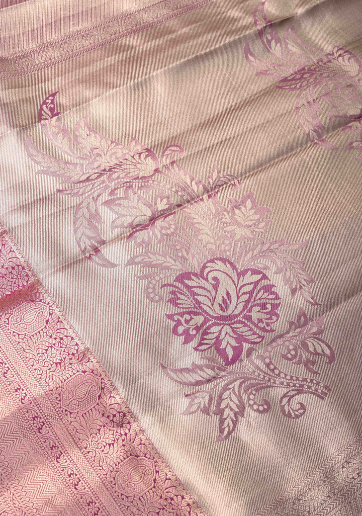 Dusty Teal Floral Jaal on Kanjivaram Tissue Semi Silk Saree with Meenakari Buttas and Contrast Zari Border