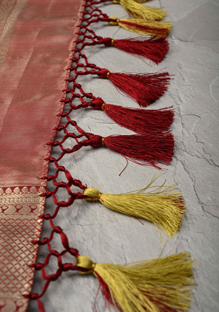 Pastel Green Brocade on Kanjivaram Tissue Semi Silk Saree with Meenakari Buttas and Contrast Zari Border