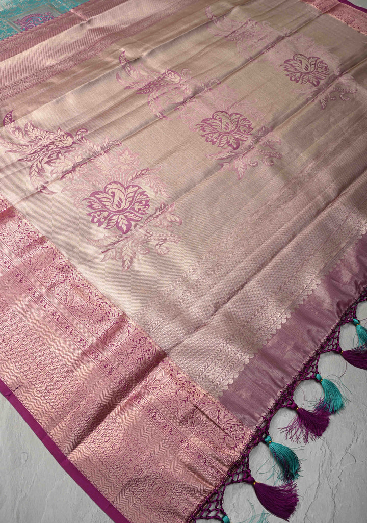 Dusty Teal Floral Jaal on Kanjivaram Tissue Semi Silk Saree with Meenakari Buttas and Contrast Zari Border