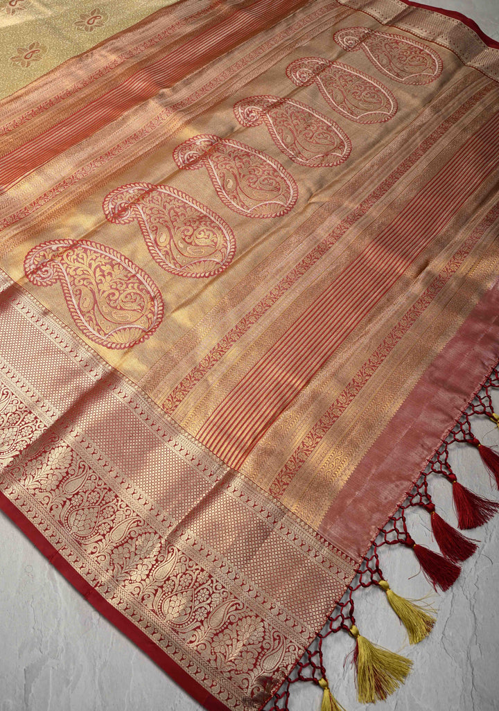 Pastel Green Brocade on Kanjivaram Tissue Semi Silk Saree with Meenakari Buttas and Contrast Zari Border