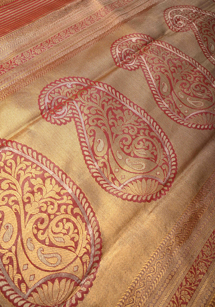 Pastel Green Brocade on Kanjivaram Tissue Semi Silk Saree with Meenakari Buttas and Contrast Zari Border
