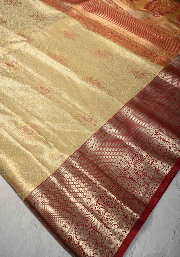 Pastel Green Brocade on Kanjivaram Tissue Semi Silk Saree with Meenakari Buttas and Contrast Zari Border