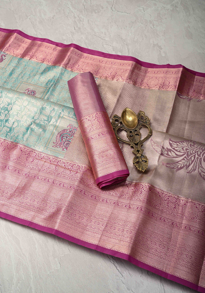 Dusty Teal Floral Jaal on Kanjivaram Tissue Semi Silk Saree with Meenakari Buttas and Contrast Zari Border