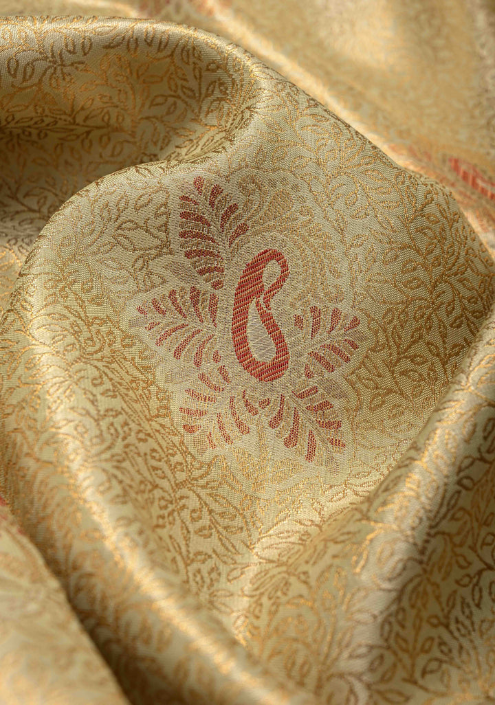 Pastel Green Brocade on Kanjivaram Tissue Semi Silk Saree with Meenakari Buttas and Contrast Zari Border