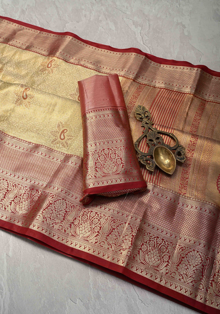 Pastel Green Brocade on Kanjivaram Tissue Semi Silk Saree with Meenakari Buttas and Contrast Zari Border